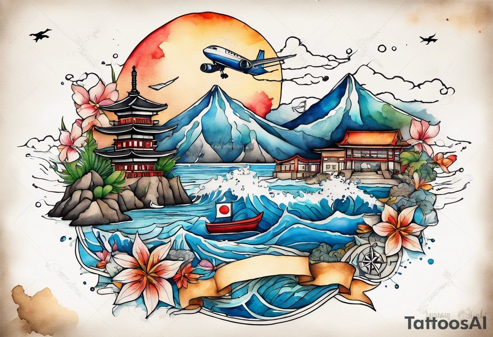 Travel themed for thigh, compass rose overlaid with beach, mountains, city scapes and European landmarks in and around it, spilled watercolor and tiny jet plane silhouette and a tiny motor boat in the water tattoo idea