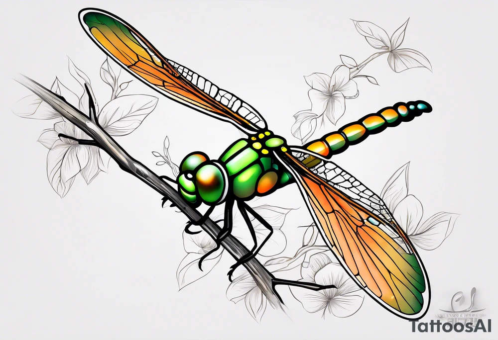 green and orange dragonfly on a twig tattoo idea