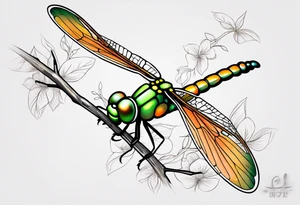 green and orange dragonfly on a twig tattoo idea