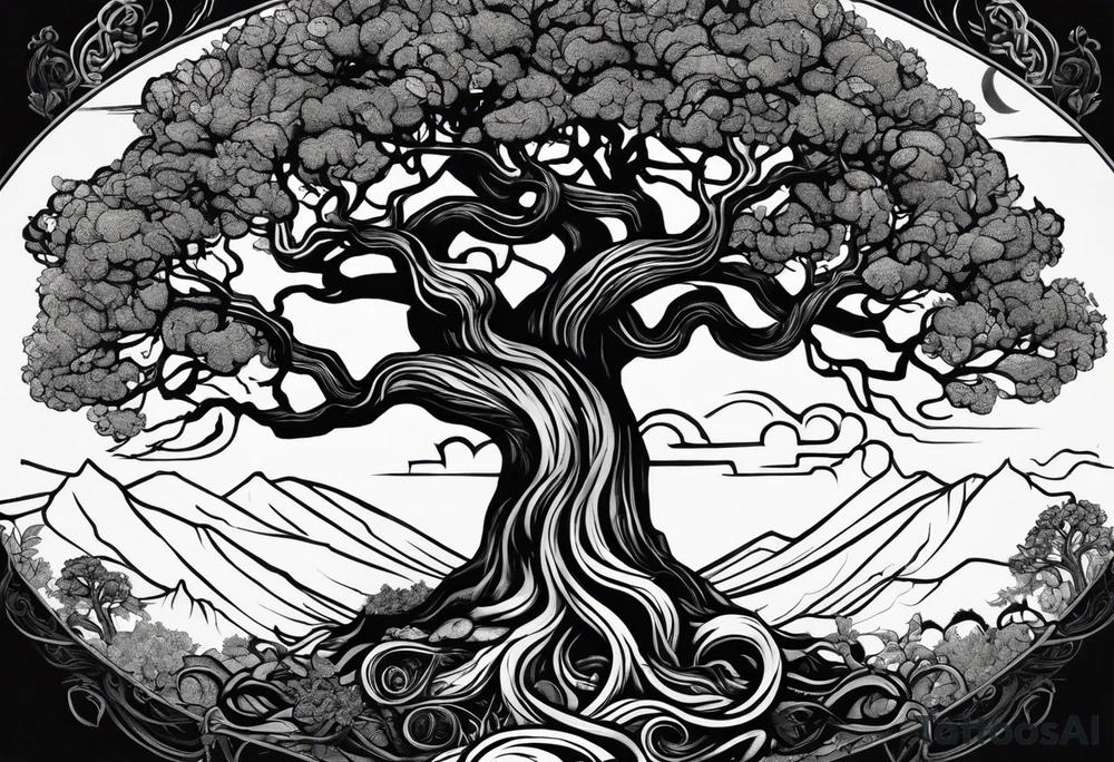 A tree reaching the sky with the roots reaching hell, having a snake around it. All based on Carl Jung ideas. tattoo idea