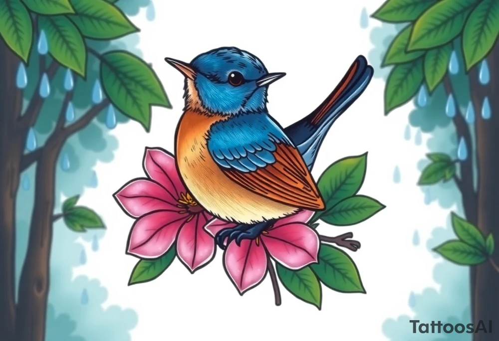 forest background
blue rain drops
pink camelia flower
blue and brown wren bird tattoo idea