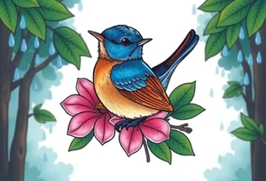 forest background
blue rain drops
pink camelia flower
blue and brown wren bird tattoo idea