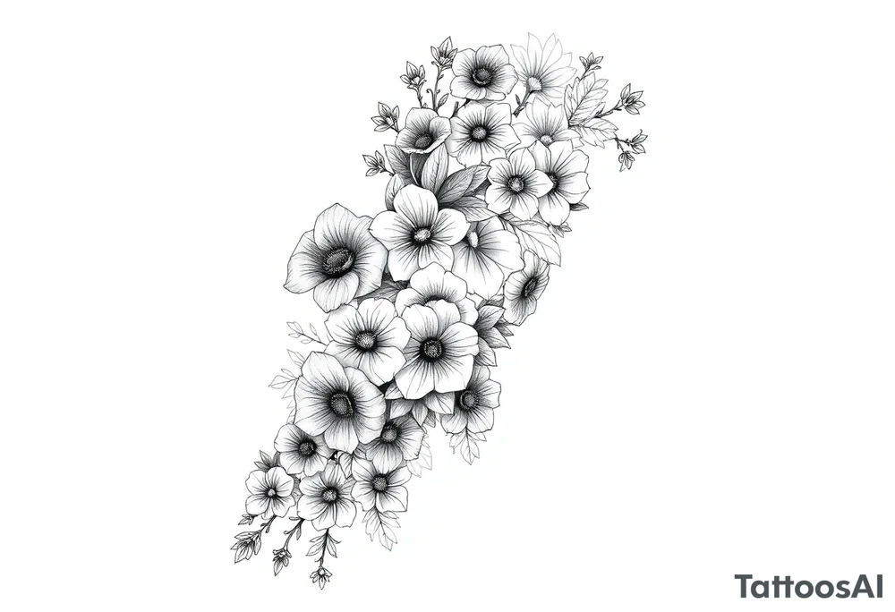 Full sleeve tattoo design of larkspur and hawthorn flowers, highly detailed line art, RED ink, elegant botanical style, intertwined composition, no shading, no human mock-up, clean stencil style suitable for tattooing, fit fully within boundaries. LINE ART ONLY, REMOVE HUMAN, NO SKIN, NO ARM, NO HUMAN BODY PARTS tattoo idea