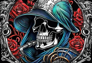 skeleton wearing a pipeliner welding hood tig welding a heart back together tattoo idea