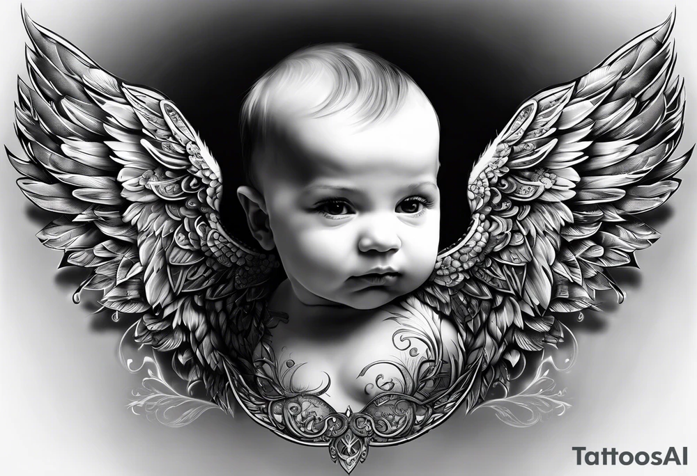 Tattooed baby with angel wings. Sided view so that we see only one wing. Name Leah written under in gothic letters. tattoo idea