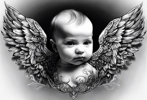 Tattooed baby with angel wings. Sided view so that we see only one wing. Name Leah written under in gothic letters. tattoo idea