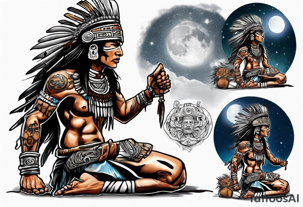 a heartbroken, tired, mayan warrior seeking peace after fighting for decades kneeling under the moonlight looking up to the sky tattoo idea