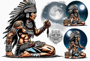 a heartbroken, tired, mayan warrior seeking peace after fighting for decades kneeling under the moonlight looking up to the sky tattoo idea