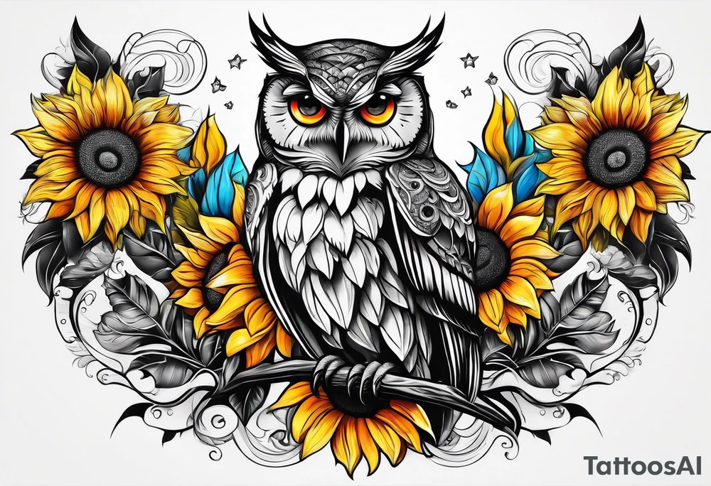 Sleeve Owl with colorful sunflowers tattoo idea
