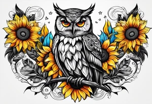 Sleeve Owl with colorful sunflowers tattoo idea