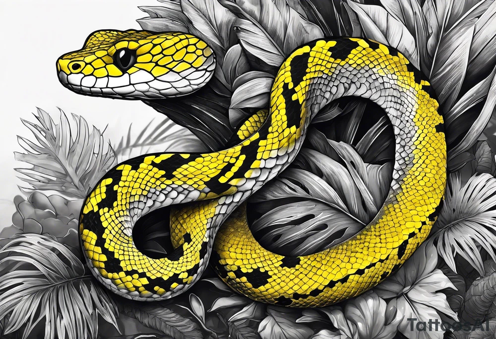Black and grey realistic yellow blotched pit viper snake with rainforest background on forearm. I want the snake to look aggressive tattoo idea