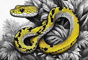 Black and grey realistic yellow blotched pit viper snake with rainforest background on forearm. I want the snake to look aggressive tattoo idea