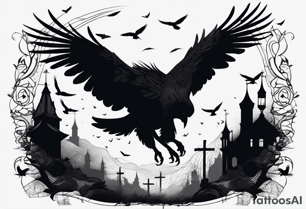 Silhouette of a man on his hands and knees bent over with crows coming out his back like pieces of him flying away. tattoo idea