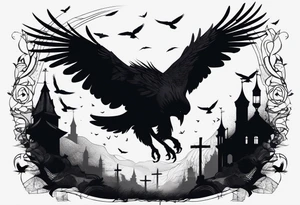 Silhouette of a man on his hands and knees bent over with crows coming out his back like pieces of him flying away. tattoo idea