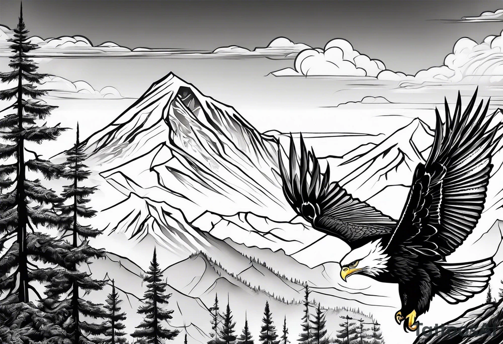 Mountain in the background with trees an eagle soaring with a white dove sitting on a branch at the top of the mountain tattoo idea