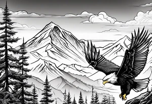 Mountain in the background with trees an eagle soaring with a white dove sitting on a branch at the top of the mountain tattoo idea