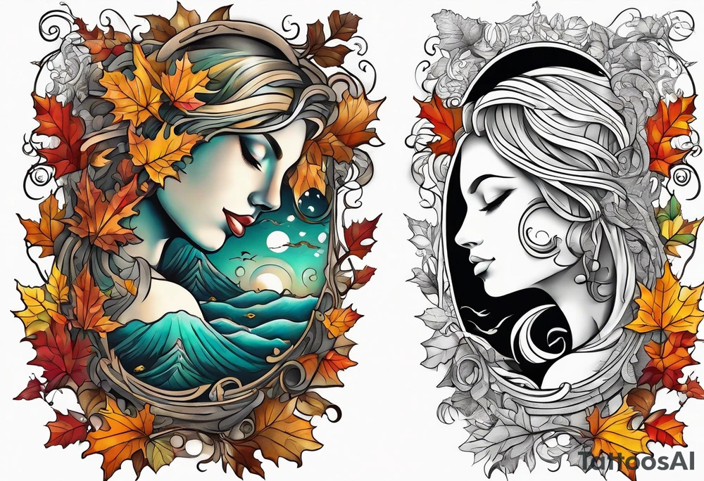 Knee tattoo with fall colors showing leaves, water flow, trees and sky tattoo idea