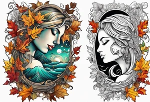 Knee tattoo with fall colors showing leaves, water flow, trees and sky tattoo idea