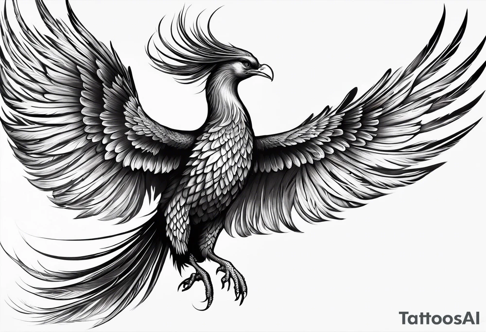 asian elegant long feathered phoenix
in flight with a long neck, with wings in close to body tattoo idea