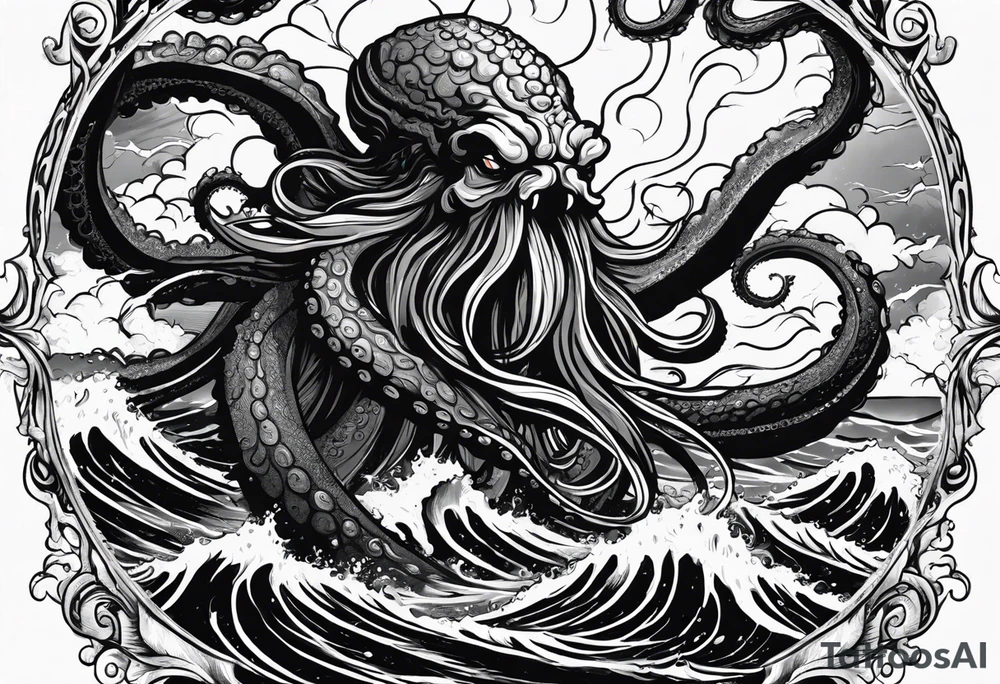 A kraken octopus monster underwater ensnaring Poseidon as he thrust his trident into the beast. Turbulent storm with lightning & waves crashing tattoo idea