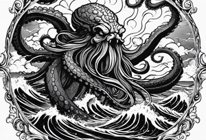 A kraken octopus monster underwater ensnaring Poseidon as he thrust his trident into the beast. Turbulent storm with lightning & waves crashing tattoo idea