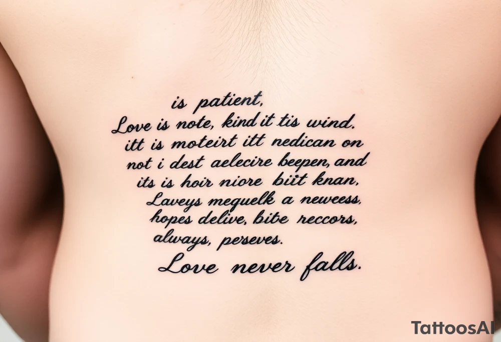 A handwritten tattoo above a man's front right hip that takes up about 1/2 of his waist without coming close to his navel that reads,
Love is patient, love is kind. It does not envy, it does not boast, 
it is not proud. It does not dishonor others, it is not self-seeking, 
it is not quick to anger, it keeps no record of wrongs.
Love does not delight in evil but rejoices with the truth. 
It always protects, always trusts, always hopes, always perseveres.
Love never fails.


8 Love never fails." tattoo idea