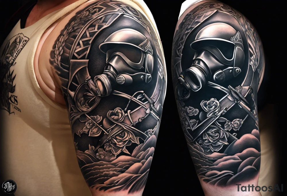 half sleeve tattoo. pauldron, 3 boys Ben Trey Hayden, wife Karen, 1st degree black belt, mountain biking, skiing, sky diving, texas holdem, fly fishing, paintball mask tattoo idea