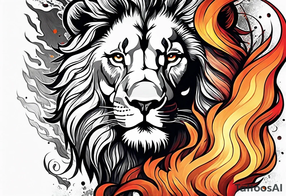A lion surrounded by fire in full color tattoo idea