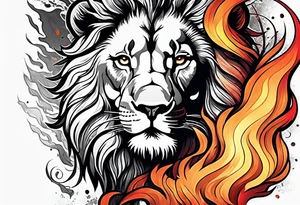A lion surrounded by fire in full color tattoo idea