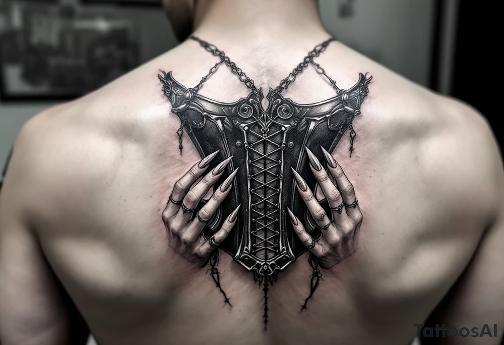 Corset with woman’s hands, long nails tattoo idea