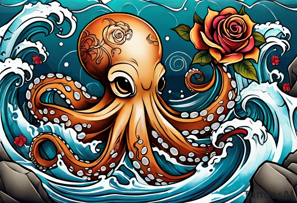 Left thigh tattoo with an octopus in water swirls wrapping around rocks, a rose, in fall colors tattoo idea