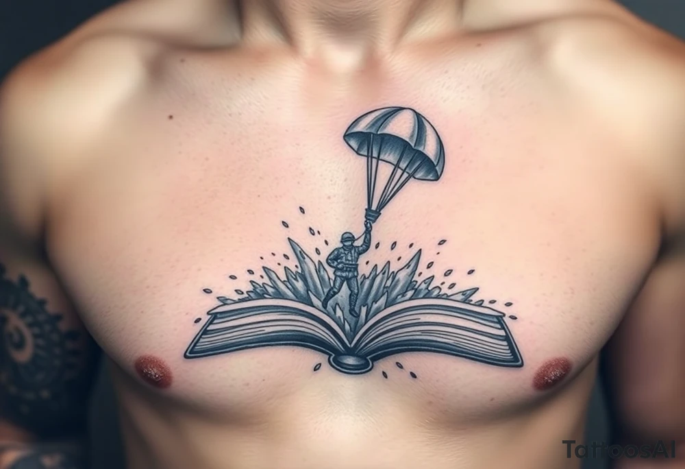 A parachuting soldier landing into an open book. Chaos surrounding, but the book is protecting the soldier from it. On the chest. Make the tattoo smaller. Make it thought provoking. Make the chaos in the environment be an eerie mist. Make the pages in the book be blank. Just one soldier, no other characters. the book is old. tattoo idea