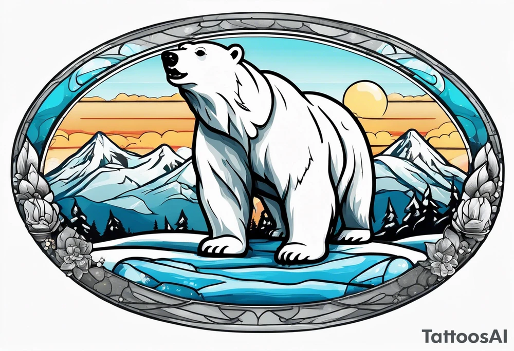 Polar bear wearing  goggles standing in front of a mountain inside a snow globe tattoo idea
