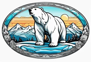 Polar bear wearing  goggles standing in front of a mountain inside a snow globe tattoo idea