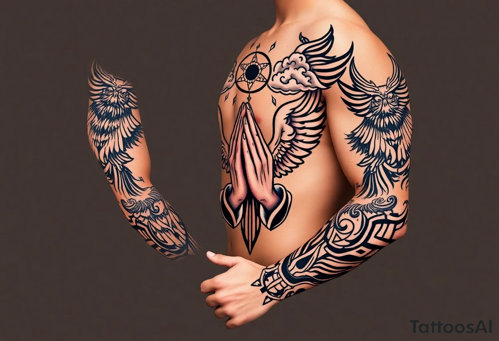 cast all your anxiety on him because he cares for you"  1 peter 5:7 surrounded with clouds and angels and praying hands tattoo idea