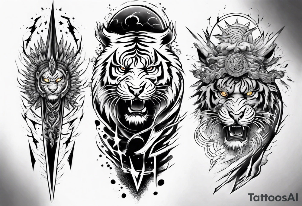 Tiger Warrior sleeve tattoo with lightning and the sun
Forearm sleeve tattoo idea