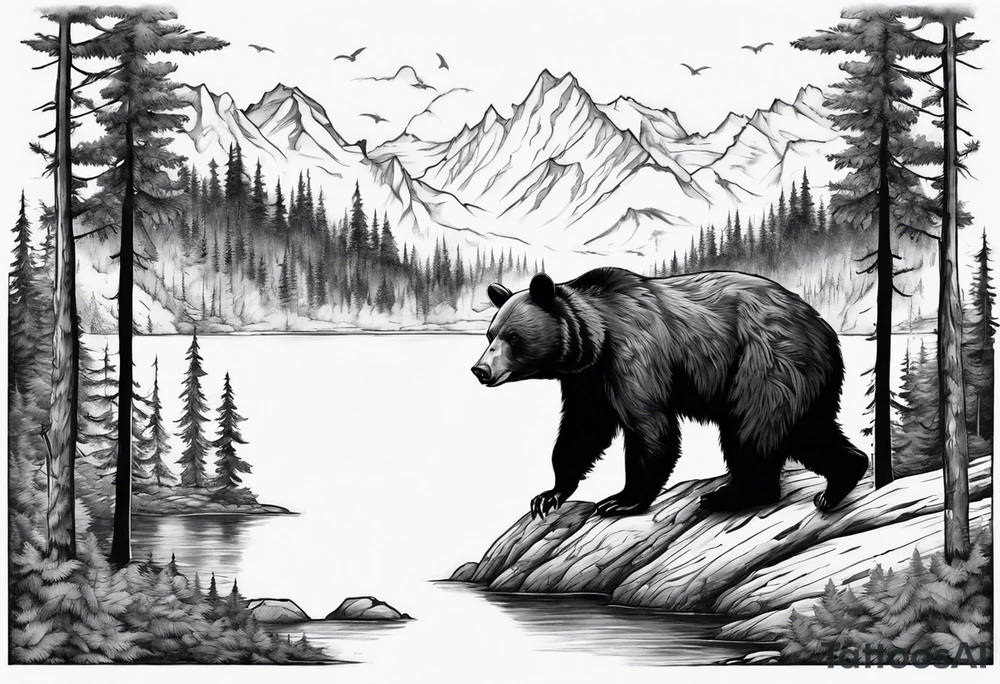 black bear over a forest with a lake below, full sleeve tattoo idea black bear over a forest with a lake below, full sleeve tattoo idea