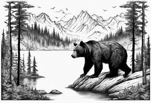 black bear over a forest with a lake below, full sleeve tattoo idea