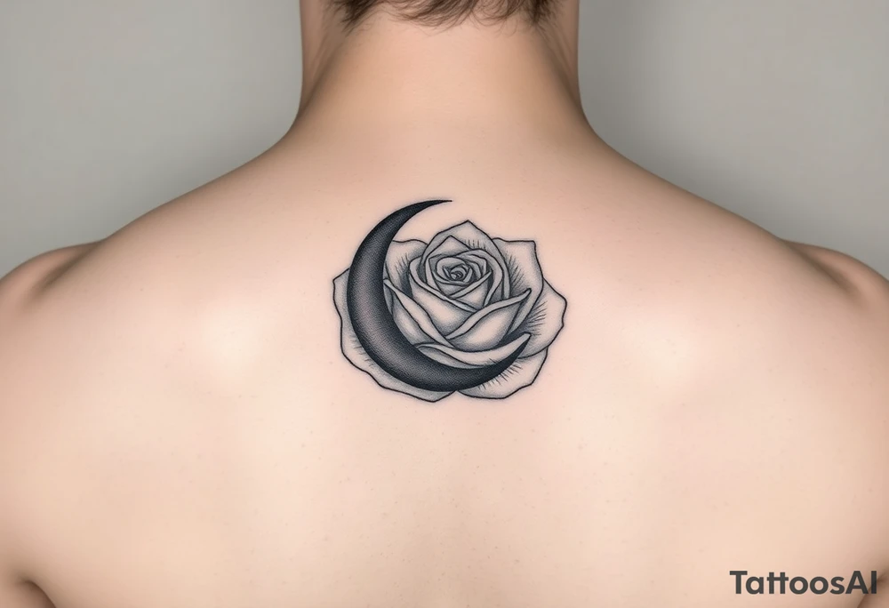 I have a small crescent moon tattoo. I want to cover it up with a rose tattoo. So I would like a rose tattoo with a crescent moon incorporated into it. I want the petal to be the moon shaped. The third one is the best, but can you clean it up? tattoo idea