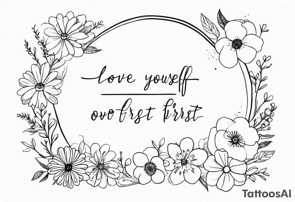 Love yourself first quote with flowers tattoo idea