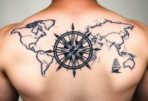 antique compass rose overlaid on weathered world map with sailing ships tattoo idea