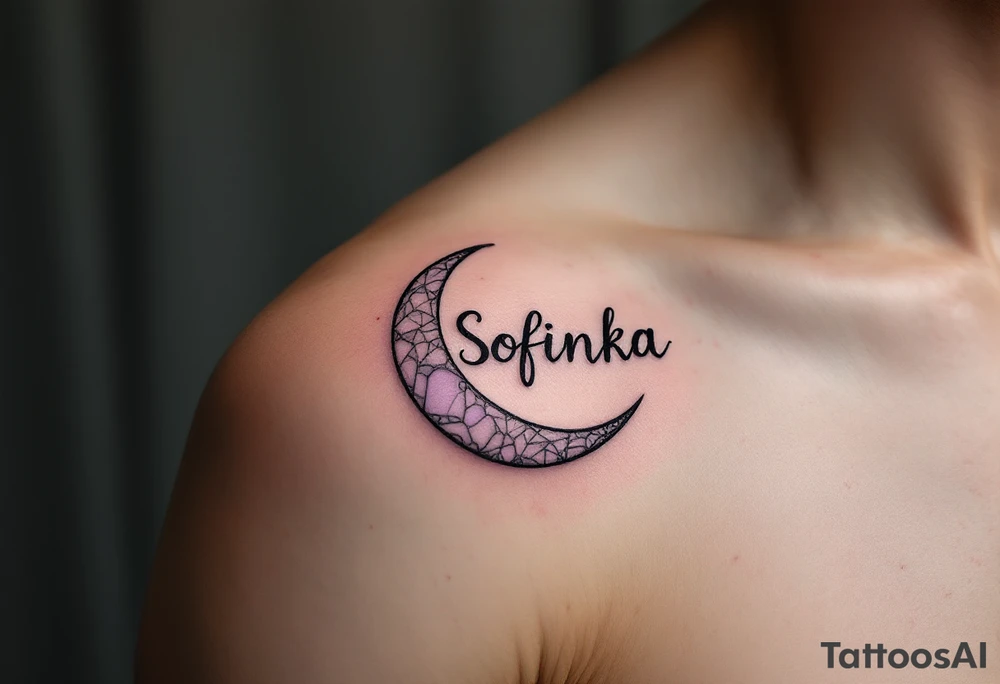 Sofinka name nestled within a crescent moon, shaded in light silver and pastel violet. tattoo idea