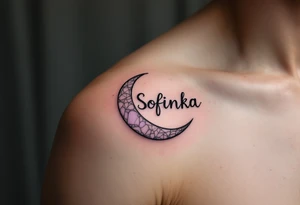 Sofinka name nestled within a crescent moon, shaded in light silver and pastel violet. tattoo idea