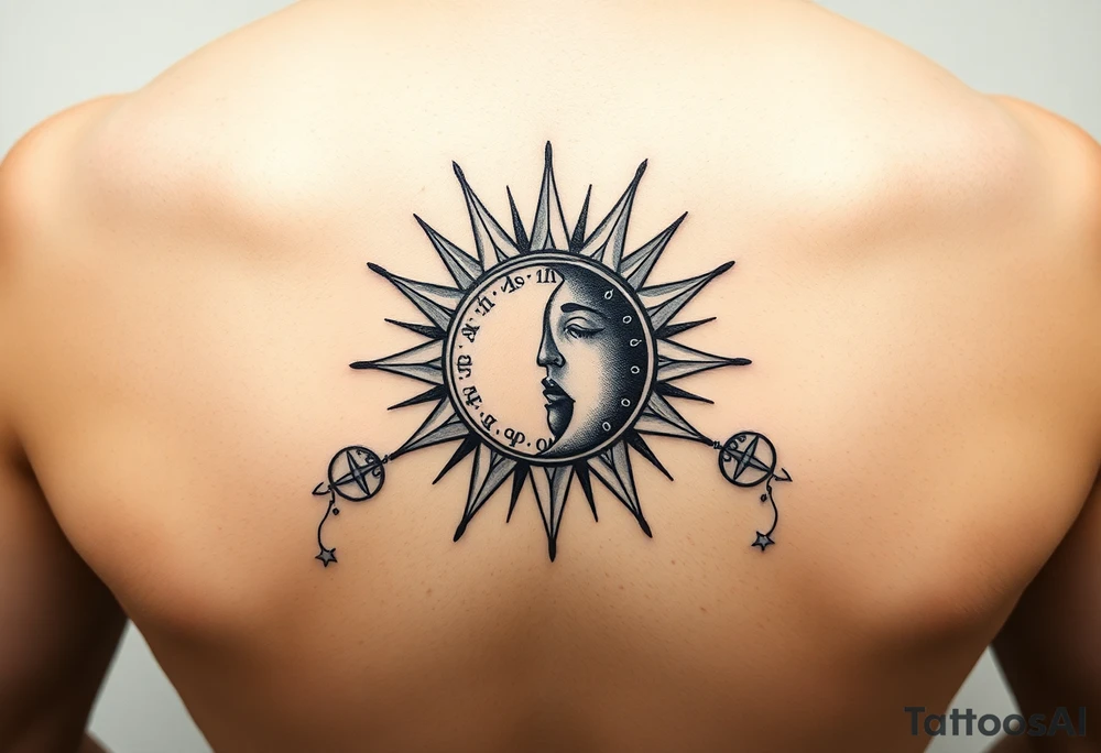 celestial sun and moon embrace with constellation patterns tattoo idea