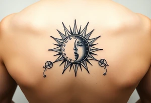 celestial sun and moon embrace with constellation patterns tattoo idea