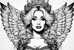 An angelic tattoo featuring Dolly Parton, an acorn, wings tattoo idea