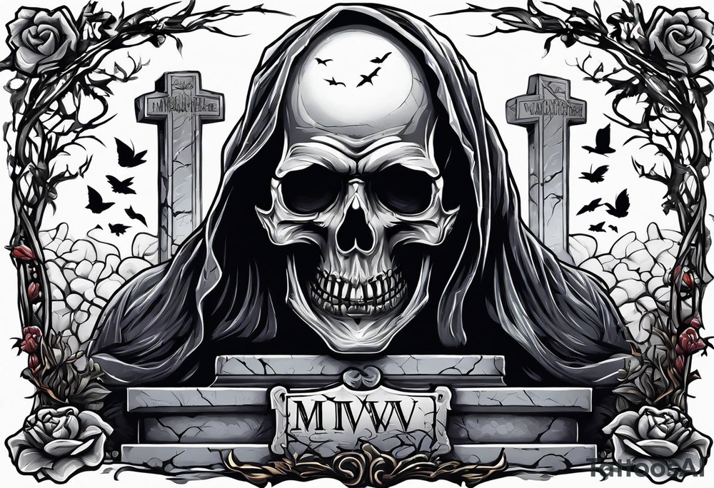 Man crawling out of grave. 
MIW Reincarnate written on gravestone tattoo idea