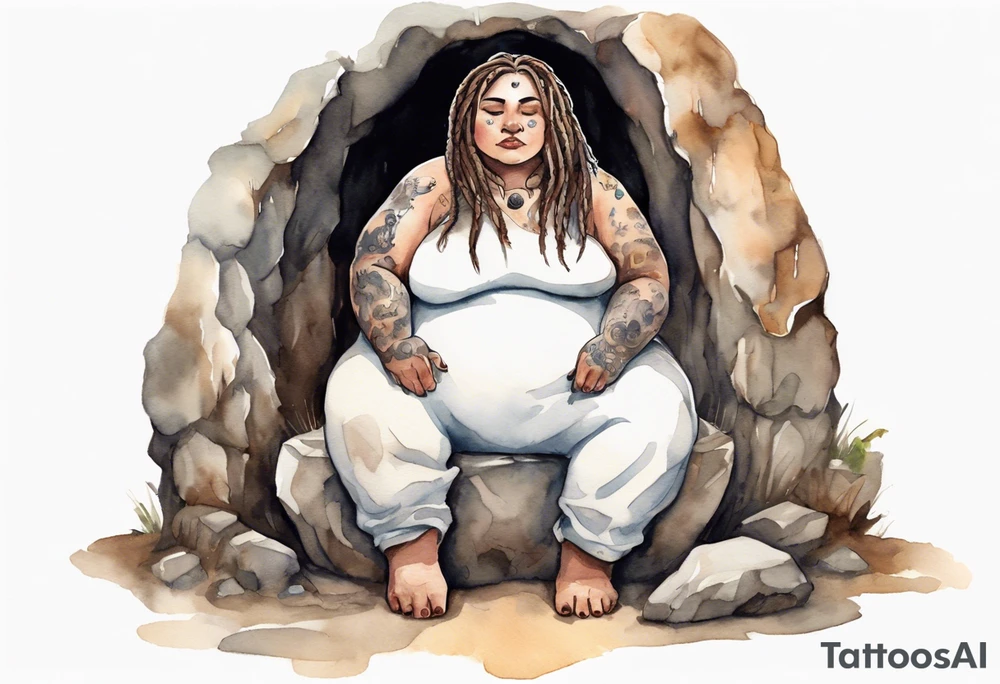 a solitary fat mole woman with large round eyes, covered in short white fur with brown dreadlocks sitting in stone throne in a cave tattoo idea