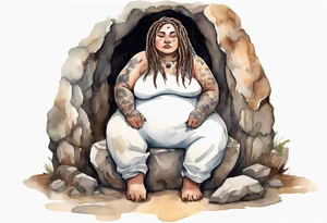 a solitary fat mole woman with large round eyes, covered in short white fur with brown dreadlocks sitting in stone throne in a cave tattoo idea