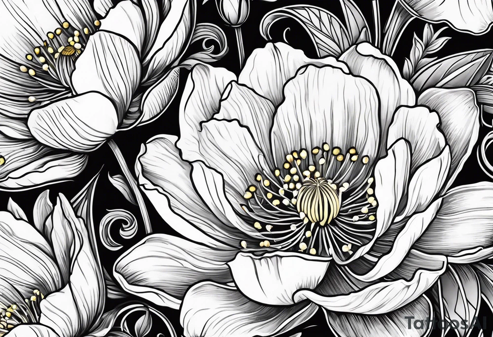 Poppy, water lily, Lily of the valley, daffodil, cosmo, rose, daisy flower bouquet, portrait style tattoo idea